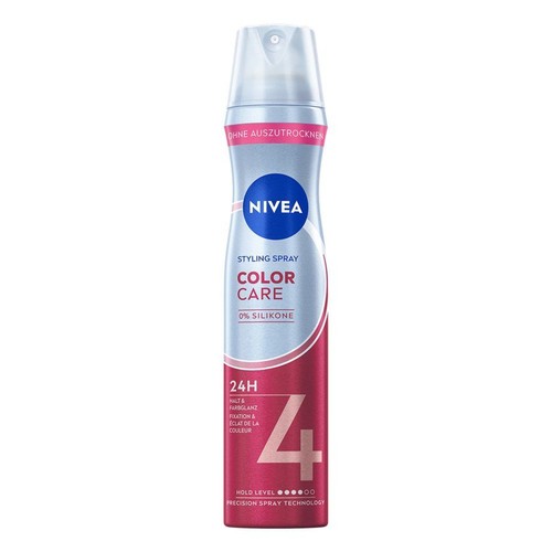 Lakier do włosów Nivea Color Care, bez wysuszania, z 0% silikonu. Utrwala fryzurę na 24h i nadaje blask koloru.