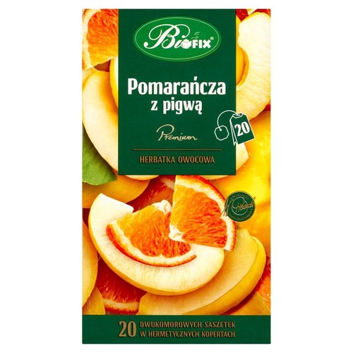 Zielone pudełko herbaty owocowej Biofix Pomarańcza z pigwą. Na nim grafika plastrów pomarańczy i pigwy.