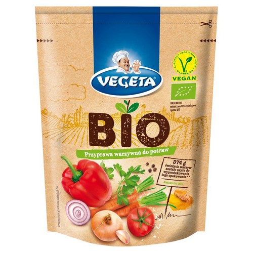 Brązowe opakowanie BIO Mieszanki Vegeta 120g, przyprawy warzywnej do potraw. Na froncie logo Vegeta z kucharzem, duży napis BIO, certyfikaty wegańskie oraz ilustracje świeżych warzyw: papryki, marchewki, cebuli, czosnku, pomidora i pietruszki.