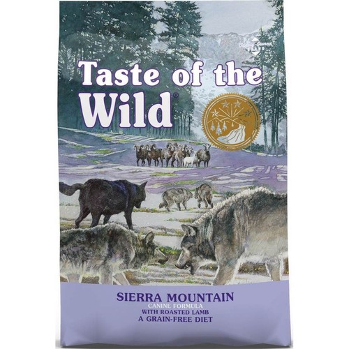 Fioletowa torba karmy dla psów Taste of the Wild Sierra Mountain 2 kg. Na opakowaniu grafika wilków i górskiego krajobrazu.