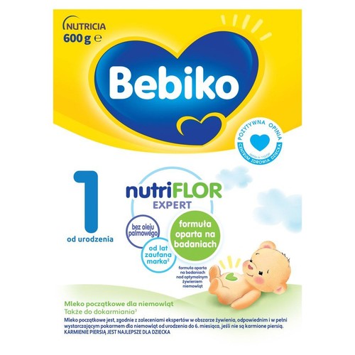 Mleko początkowe Bebiko 1 NutriFlor Expert, 600g. Dla niemowląt od urodzenia. Zaufana marka, bez oleju palmowego.