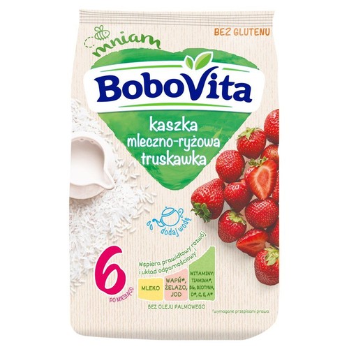 Opakowanie kaszki BoboVita mleczno-ryżowej truskawkowej. Bez glutenu, bez oleju palmowego, od 6 miesiąca.