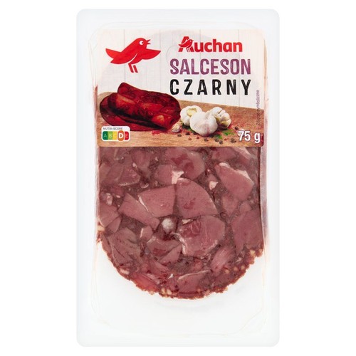 Salceson Czarny Auchan, 75 g. Wędlina w plastrach, widoczna przez opakowanie.