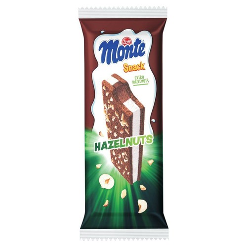 Opakowanie batona Zott Monte Snack z orzechami laskowymi. Na grafice baton z kremowym nadzieniem i posypką z orzechów.