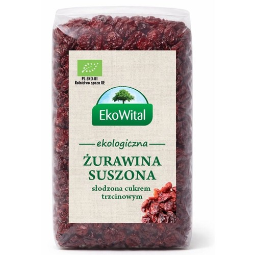 Przezroczysta torebka ekologicznej żurawiny suszonej EkoWital. Owoce są ciemnoczerwone, słodzone cukrem trzcinowym. Na etykiecie widnieje logo PL-EKO-01 Rolnictwo spoza UE, potwierdzające ekologiczne pochodzenie produktu.