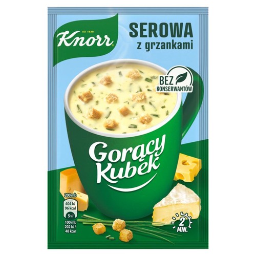 Saszetka Knorr Gorący Kubek Serowa z grzankami. Przedstawia zielony kubek z zupą serową, grzankami i szczypiorkiem. W tle kawałki sera żółtego i pleśniowego. Produkt bez konserwantów, do przygotowania w 2 minuty. Objętość 200 ml.