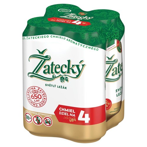 Piwo Żatecký Světlý Ležák w czteropaku. Puszki mają białe etykiety z zielonym logo Żatecký i złotymi elementami. Na opakowaniu zbiorczym widnieje informacja o 100% żateckim chmielu aromatycznym oraz 650 latach tradycji.