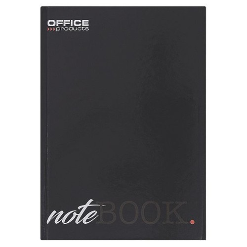 Pionowy, granatowy notes z twardą okładką. W lewym górnym rogu białe logo "OFFICE products" z trzema strzałkami. Na dole okładki stylizowany napis "noteBOOK.", gdzie "note" jest kursywą, a "BOOK." prostą czcionką z czerwoną kropką.