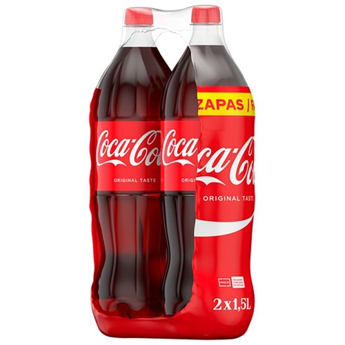 Opakowanie zbiorcze z dwoma butelkami napoju Coca-Cola Original Taste, każda o pojemności 1,5 litra. Czerwone etykiety.