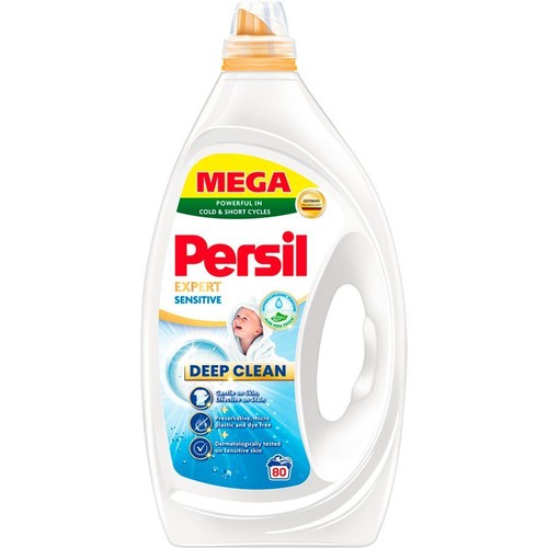 Persil Expert Sensitive, płyn do prania w białej butelce z uchwytem. Do 80 prań, testowany dermatologicznie, bez barwników.