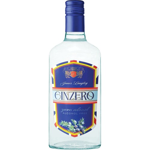 Butelka bezalkoholowego ginu Ginzero James Langley. Na niebieskiej etykiecie widnieje nazwa produktu, informacja "zero alcohol" i "ALCOHOL FREE". Etykieta ozdobiona jest motywem jałowca i ma obramowanie w kolorach czerwonym, białym i żółtym.
