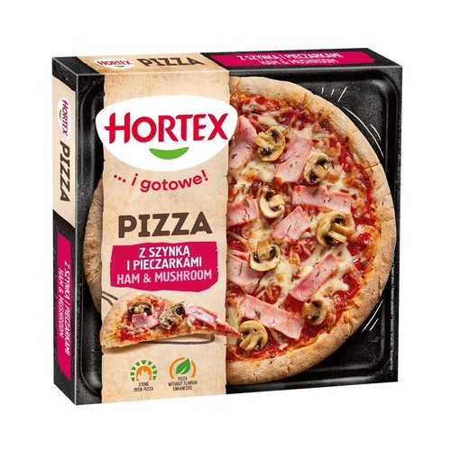 Opakowanie pizzy Hortex z szynką i pieczarkami. Na pudełku grafika gotowej pizzy z serem, szynką i pieczarkami.