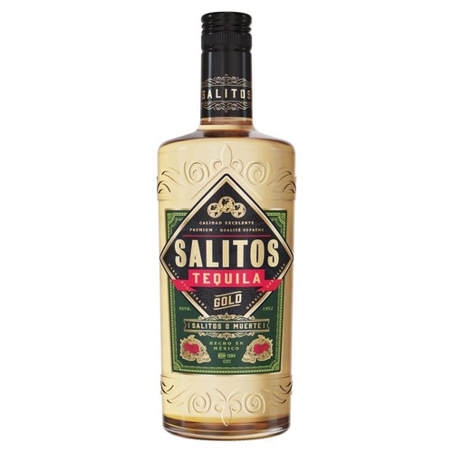 Elegancka butelka tequili Salitos Gold z czarną zakrętką. Butelka jest ozdobiona wytłoczonymi ornamentami. Na głównej etykiecie znajduje się napis "SALITOS TEQUILA GOLD", a także hasła "Najwyższa jakość premium" i "Salitos albo śmierć!".
