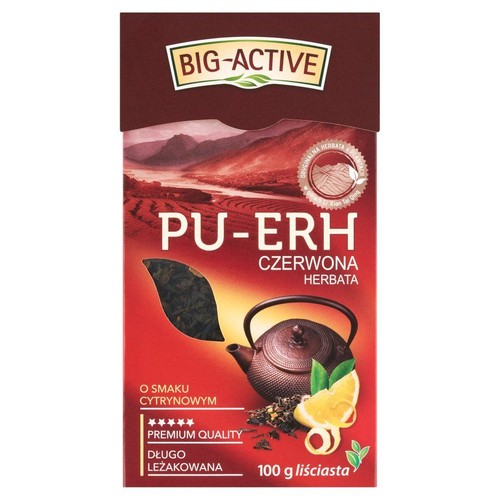 Opakowanie herbaty Big-Active Pu-Erh Czerwona, liściasta, o smaku cytrynowym, 100 g. Na opakowaniu grafika czajnika i cytryny.