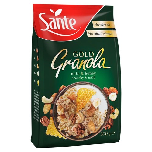 Opakowanie Sante Gold Granola orzechy i miód, 300 g. Zielono-czerwona torebka z miską granoli, orzechami i plastrami miodu.