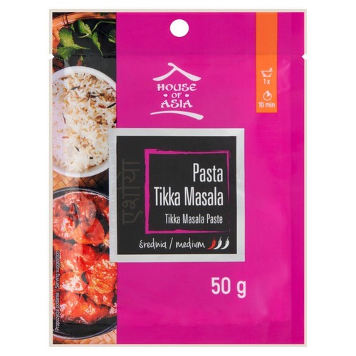 Pasta Tikka Masala House of Asia w różowej saszetce, 50 g. Średnia ostrość. Na opakowaniu grafika gotowego dania. Gotowe w 10 minut.