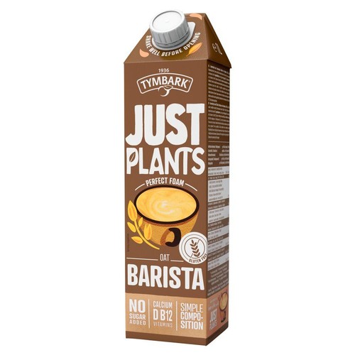 Brązowy karton Tymbark Just Plants Oat Barista, 1 litr. Roślinny napój owsiany, bezglutenowy, stworzony do kawy, zapewniający idealną pianę. Zawiera wapń i witaminy B12, bez dodatku cukru. Ma prosty skład.