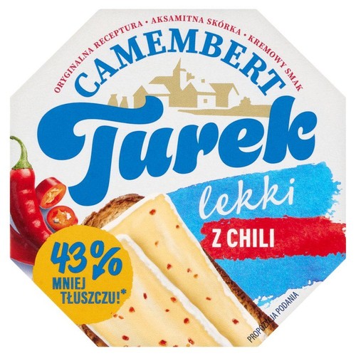 Ser Camembert Turek lekki z chili. Etykieta informuje o 43% mniejszej zawartości tłuszczu.