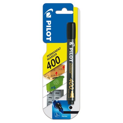 Czarny marker permanentny Pilot 400 z szeroką, ściętą końcówką (Broad/Chisel), zapakowany w blister. Na opakowaniu widoczne logo Pilot, nazwa produktu, grafiki palet z kartonami, zielonego pojemnika na recykling oraz ilustracja końcówki markera 4.5mm.