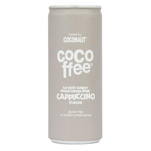 Beżowa puszka COCOffee o smaku cappuccino. Wegański napój kawowy, bezglutenowy, bez konserwantów. Marka COCONAUT.