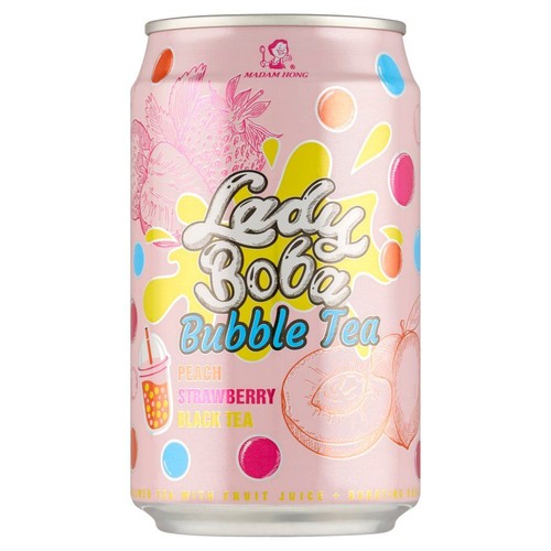 Różowa puszka Lady Boba Bubble Tea o smaku brzoskwini, truskawki i czarnej herbaty, z kolorowymi grafikami owoców i napoju.