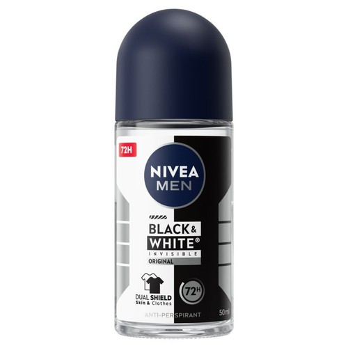 Nivea Men Black & White Invisible Original 50 ml w butelce z kulką. Ma granatową nakrętkę i czarno-białą etykietę.