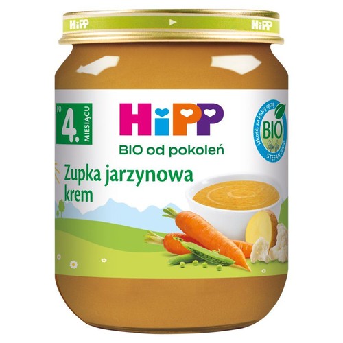 Słoiczek HiPP BIO Zupka jarzynowa krem dla dzieci od 4 miesiąca. Etykieta z marchewką, groszkiem, ziemniakiem i zupą.