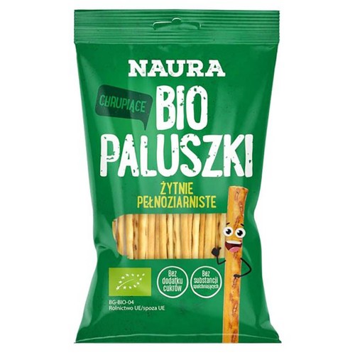 Zielone opakowanie Naura BIO Paluszki Żytnie Pełnoziarniste. Produkt chrupiący, bez dodatku cukrów i spulchniaczy.