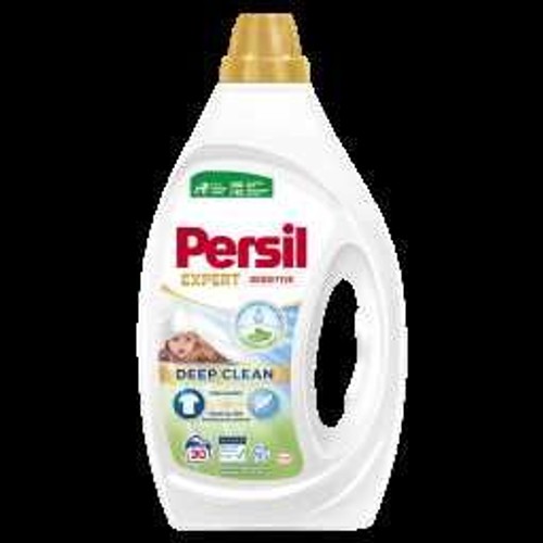Biała butelka płynu do prania Persil Expert Deep Clean. Na etykiecie logo Persil, napis Deep Clean i grafika dziecka.