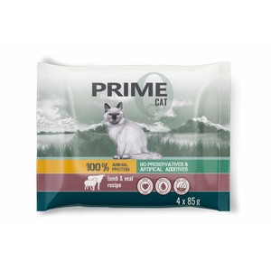 Karma mokra dla kotów bogata w jagnięcinę z indykiem i cielęcinę z królikiem PRIME 4 x 85 g