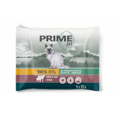Karma mokra dla kotów bogata w jagnięcinę z indykiem i cielęcinę z królikiem PRIME 4 x 85 g