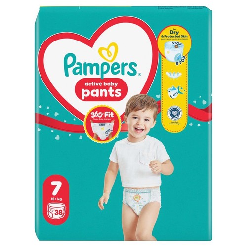 Pampers Active Baby Pants, rozmiar 7 (15+ kg), 38 sztuk. Opakowanie z uśmiechniętym dzieckiem.