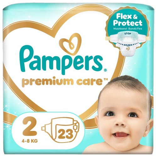 Opakowanie pieluszek Pampers Premium Care, rozmiar 2, dla dzieci 4-8 kg, 23 sztuki. Z grafiką dziecka.