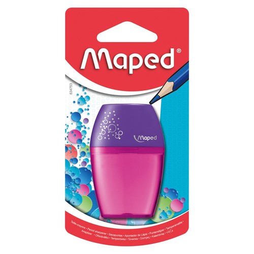 Temperówka Maped w blistrze. Górna część jest fioletowa z białymi wzorami bąbelków, a dolna część to przezroczysty, różowy pojemnik na wiórki. Opakowanie ma czerwony nagłówek i niebieskie tło z kolorowymi bąbelkami.