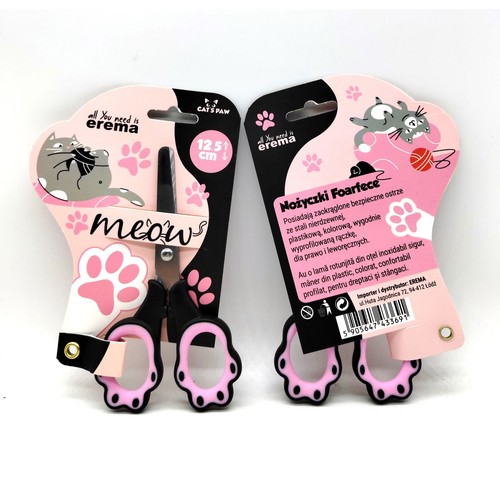 Nożyczki CAT'S PAW EREMA, 12.5 cm, z różowo-czarnymi uchwytami w kształcie kocich łapek. Bezpieczne, dla prawo i leworęcznych.