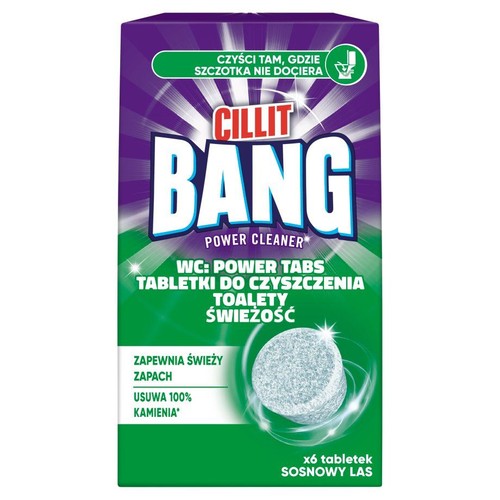 Fioletowo-zielone opakowanie Cillit Bang Power Cleaner WC: Power Tabs. Zawiera 6 tabletek do czyszczenia toalety. Usuwają 100% kamienia, zapewniają świeży zapach sosnowego lasu i czyszczą trudno dostępne miejsca.