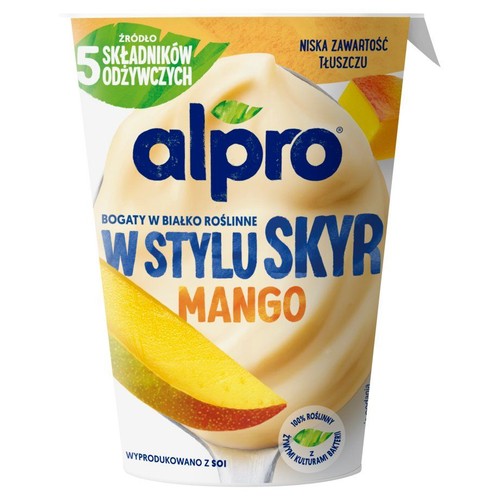 Kubek Alpro W Stylu Skyr Mango. Produkt sojowy, bogaty w białko roślinne, z żywymi kulturami bakterii. Niska zawartość tłuszczu.