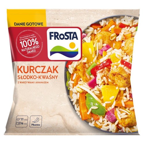 Frosta Kurczak Słodko-Kwaśny z warzywami i ananasem. Danie gotowe. Na opakowaniu grafika dania z ryżem, kurczakiem i warzywami.