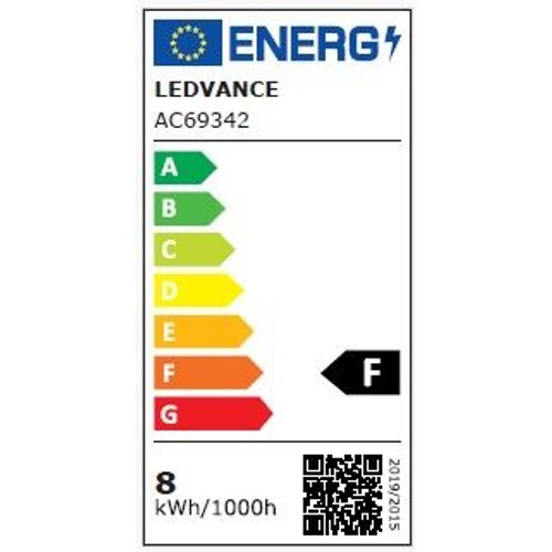 Etykieta energetyczna UE dla produktu LEDVANCE AC69342. Wskazuje klasę efektywności energetycznej F. Zużycie energii wynosi 8 kilowatogodzin na 1000 godzin pracy. Zawiera kod QR i numer regulacji 2019/2015.