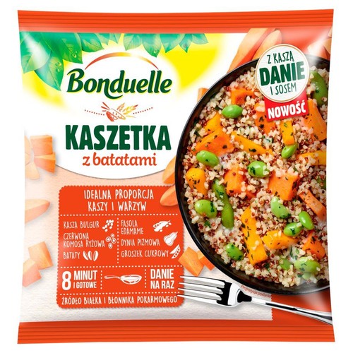 Opakowanie Bonduelle Kaszetka z batatami. Danie na raz z kaszą, batatami, edamame, dynią i groszkiem. Idealna proporcja.
