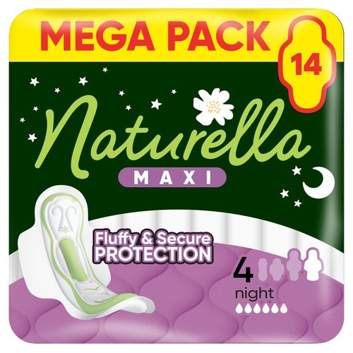 Opakowanie podpasek Naturella Maxi, 14 sztuk. Na noc, 4 krople chłonności. Puszysta i bezpieczna ochrona.