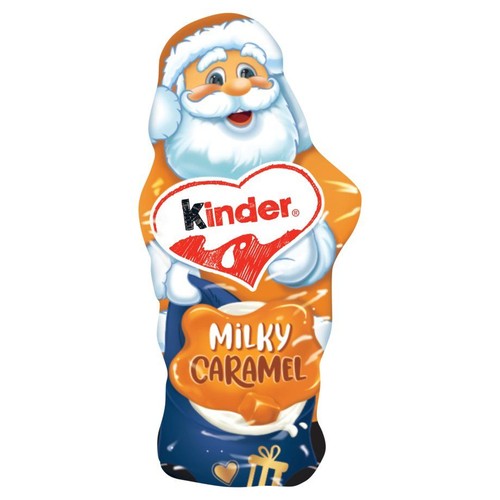 Opakowanie Kinder w kształcie Świętego Mikołaja. Na sercu logo Kinder, poniżej napis "Mleczny Karmel".
