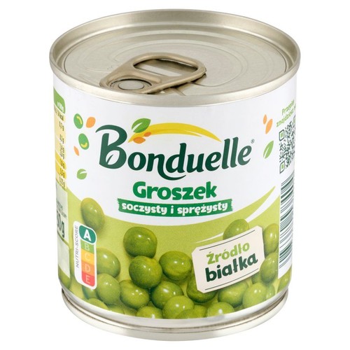 Puszka groszku konserwowego Bonduelle, 200g. Na białej etykiecie zielony napis "Groszek soczysty i sprężysty".