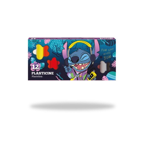 Plastelina w 12 kolorach, zapakowana w kartonowe pudełko z wizerunkiem uśmiechniętego Stitcha w słuchawkach. Tło zdobią liście palmowe i hasło "FUN DAYS IN THE SUN". Widoczne są próbki żółtej, czerwonej i szarej plasteliny.