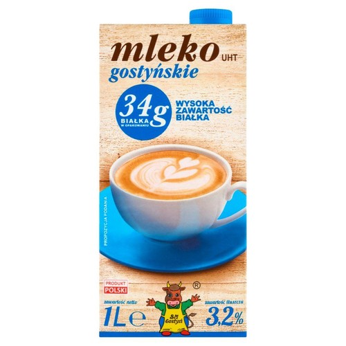 Mleko UHT Gostyńskie 1L, 3.2% tłuszczu. Na opakowaniu filiżanka kawy.