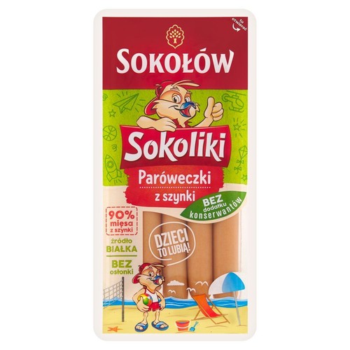 Sokołów Sokoliki paróweczki z szynki w czerwono-białym opakowaniu. Bez osłonki i dodatku konserwantów. Dzieci to lubią.