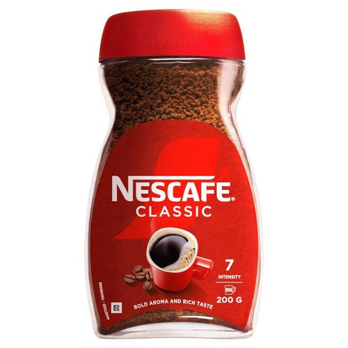 Kawa Nescafé Classic, słoik 200 g. Czerwona etykieta z grafiką filiżanki kawy i napisem "7 Intensywność".