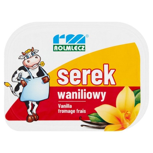 Białe opakowanie serka waniliowego Rolmlecz z logo firmy. Na etykiecie rysunek krowy w fartuchu oraz grafika kwiatu i lasek wanilii.