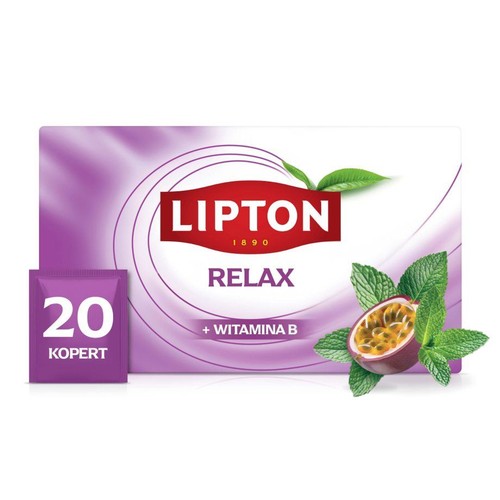Herbata Lipton Relax, 20 torebek, z dodatkiem witaminy B. Na opakowaniu motywy marakui i mięty.