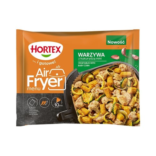 Pomarańczowo-szare opakowanie Hortex Air Fryer menu Warzywa z kukurydzą mini. Na opakowaniu grafika warzyw w koszu frytkownicy.